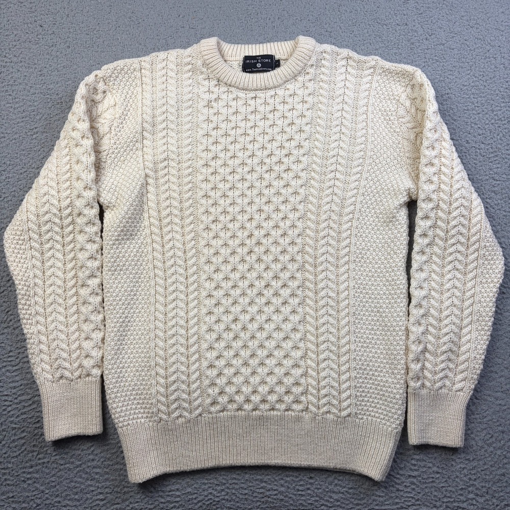 The Irish Store Mens Aran Cable Knit Fisherman Wool Crew Neck Sweater Ivory SZ L